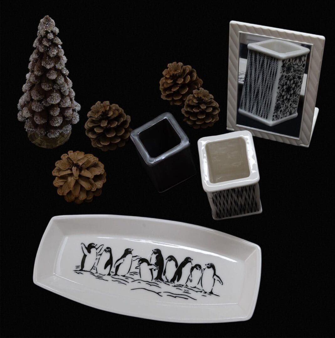 A table with various items on it including a tray, picture frame and pine cones.